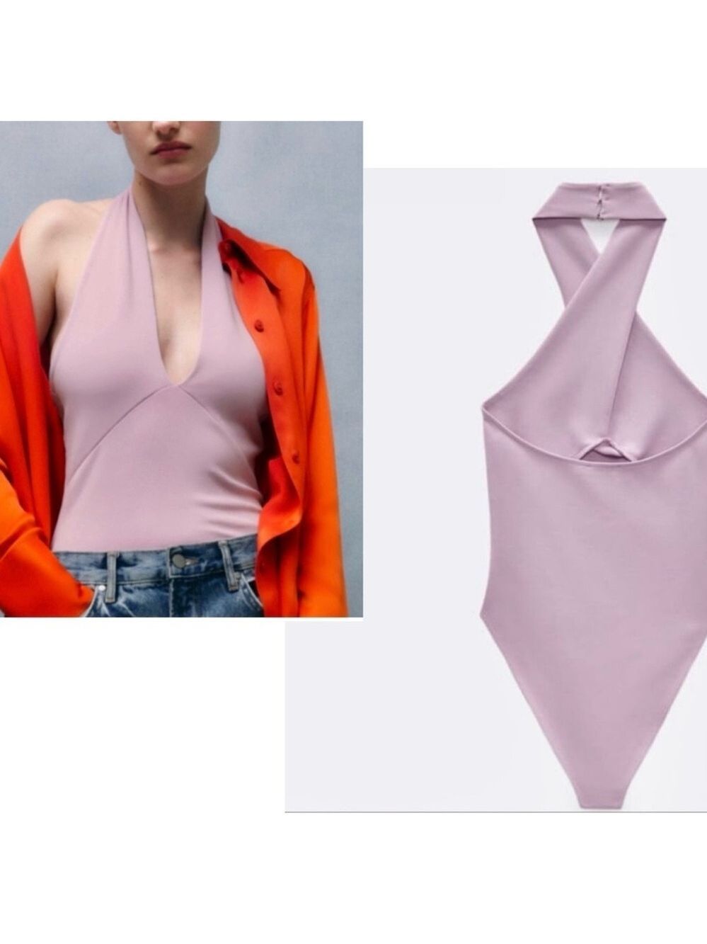 Zara lilac purple deep V plunge front twist halter bodysuit Sz M NWT - Picture 4 of 13